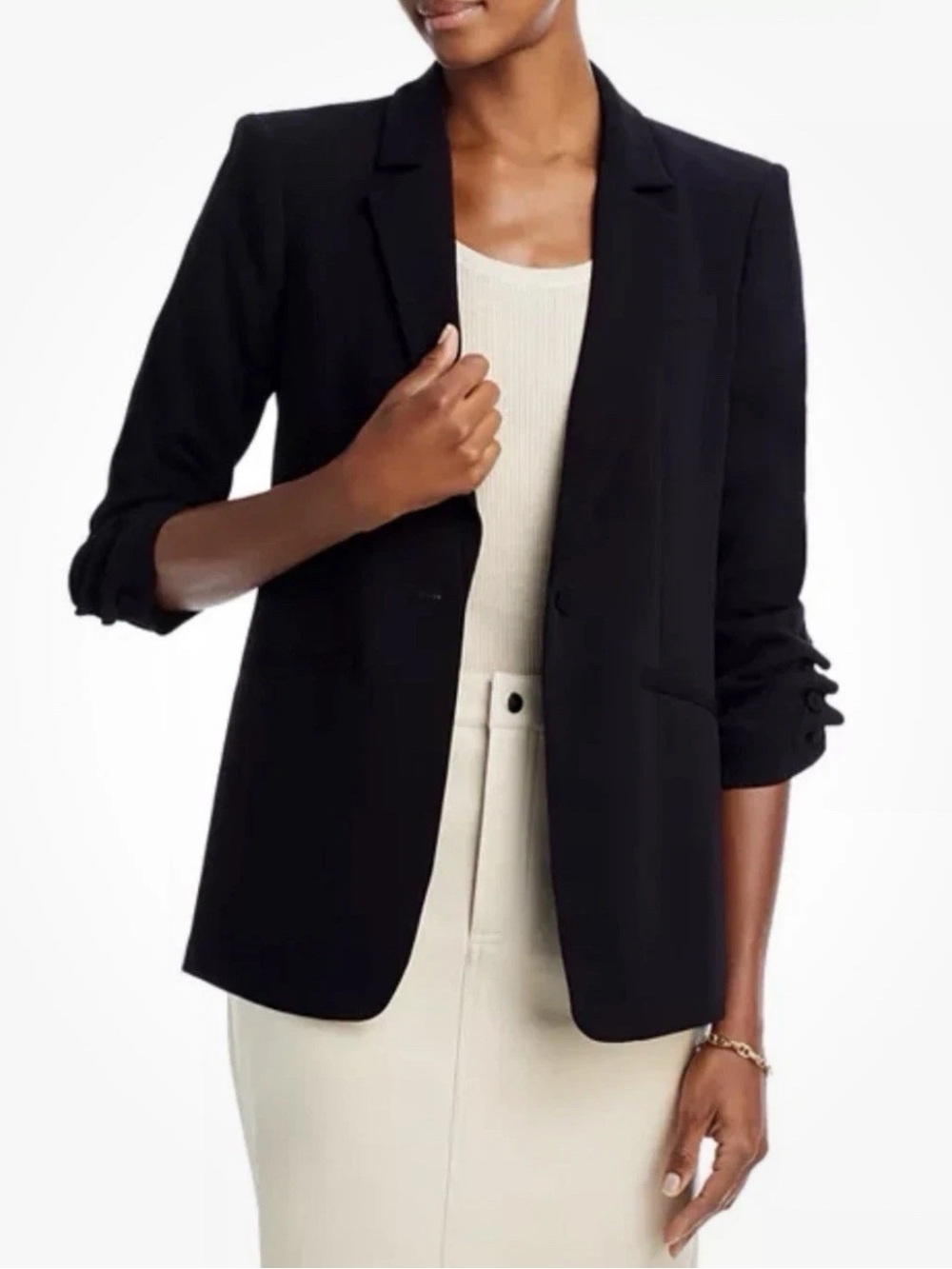 Cinq A Sept Khloe Blazer Women’s Size 14 In Black Ruched Sleeve Single Button - Picture 2 of 7